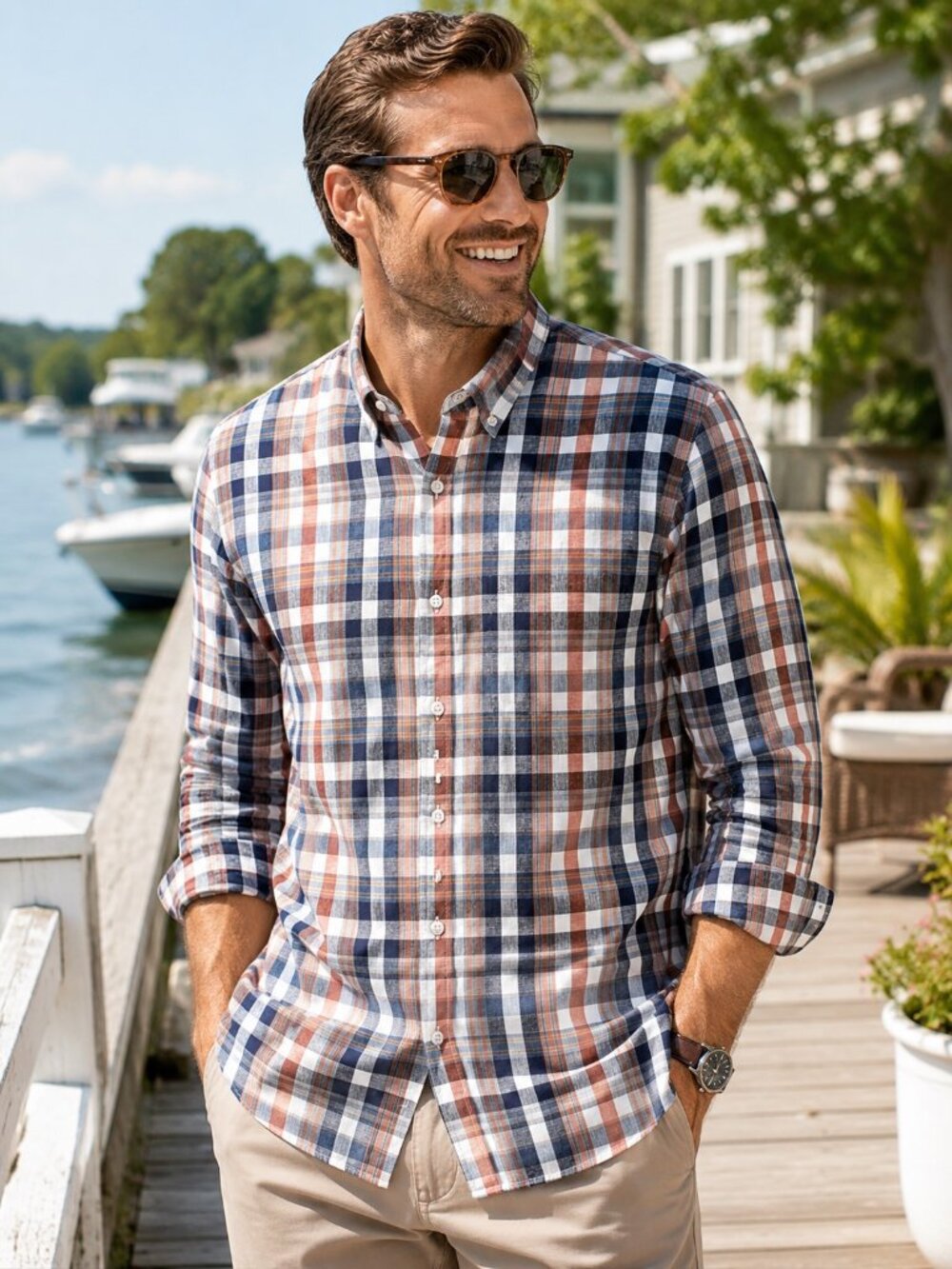 Murano Baird McNutt Linen Blue Plaid Slim Fit Button-Down Linen Shirt Mens Large